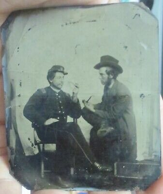 Civil War 6th Plate tintype ferrotype Union ENGINEER smoking with pal !