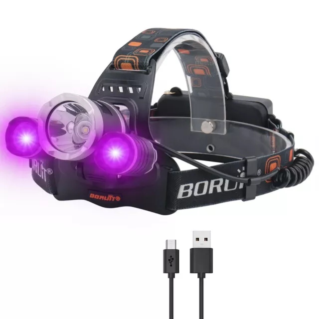 BORUiT LED Headlamp Head Torch UV Light Rechargeable Lamp Headlight Flashlight