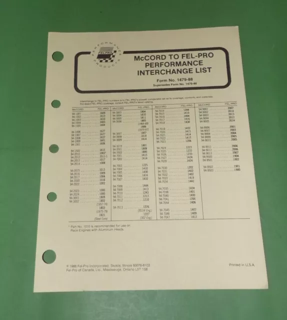 Vtg Gasket Catalog McCord to Fel-Pro Performance Interchange List 1479 88 (F26)