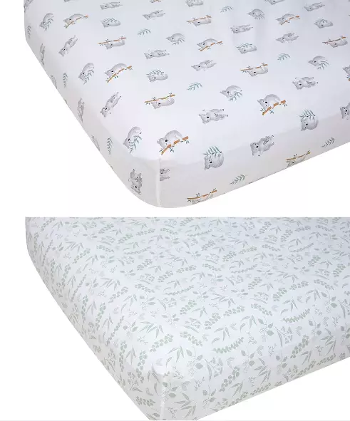 2 x Pack Pure Organic Cotton Fitted Sheets Cot Crib Baby Toddler Koala Printed