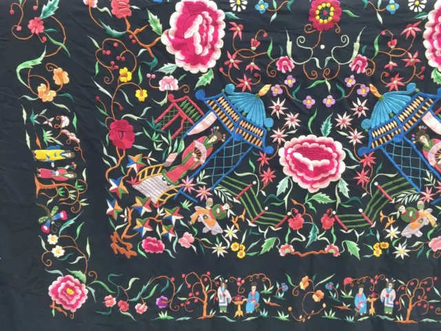 châle ancien en Soie gorgeous Manila Silk Shawl Chinese embroidered Piano Shawl 3