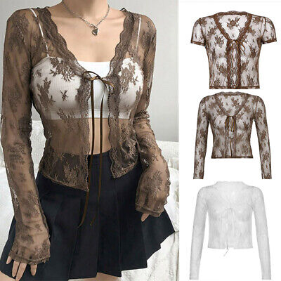 Cardigan Top Cropped Open See-through Shrug Ladies Women Floral Lace Bolero New