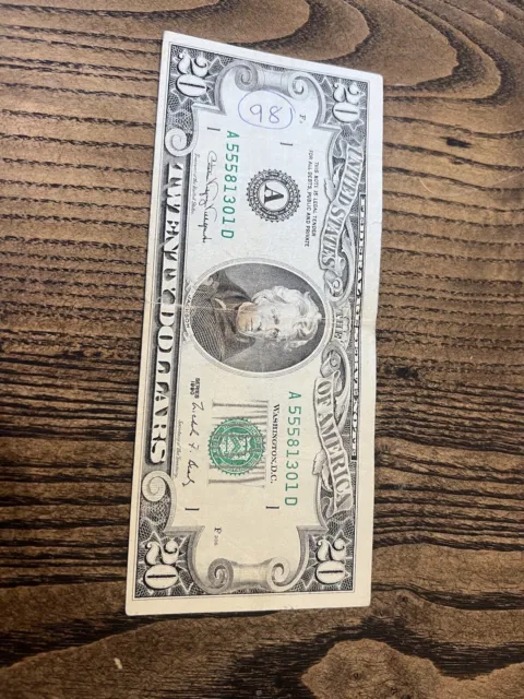 1990 $20 Twenty Dollar Bill Federal Reserve Note New York Old Vntage Currency