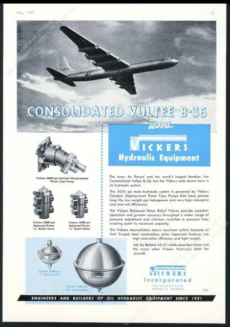 1947 USAF B-36 plane photo Vickers hydraulic equipment vintage print ad