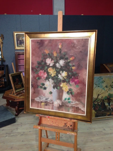 Pintura firmada siglo XX bodegon con flores cuadro lienzo marco dorado 900