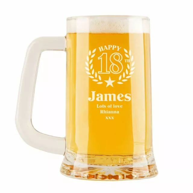 Personalised 18th Wreath & Star Engraved Glass Pint Tankard. Birthday Gift Ideas