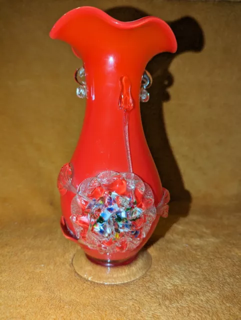 Vintage Hand Blown Art Glass Red Vase ~ Applied Flower ~ 8.5 inch (21cm) ~ VGC