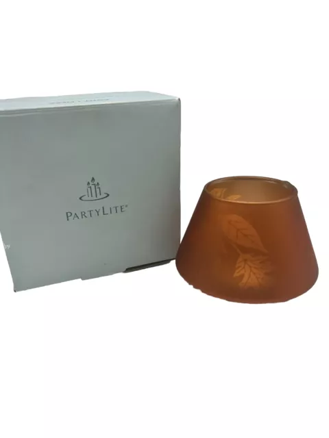 PartyLite Candle JOY OF AUTUMN Mini BARREL JAR SHADE Orange Glass FALL LEAVES