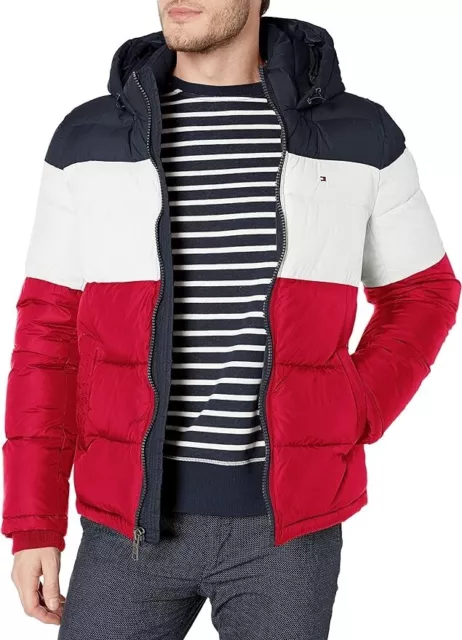 Tommy Hilfiger Men's Big and Tall Hooded Puffer Jacket, Midnight/White/Red, 4X