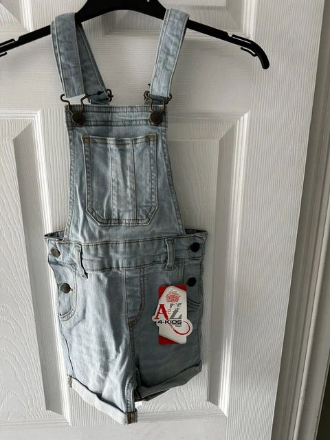 Dungaree denim azzurro bambina A22 bambini età 7-8 nuovo con etichette con tasca anteriore e posteriore