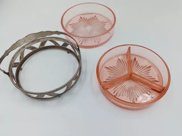 Vntg~Antq Pink Depression Glass Divided Relish Dish w/SilverPlate Handled Basket 2