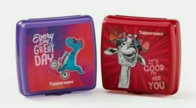 NEW Tupperware Kids Sandwich Keeper Lunch Box x 2 Set Giraffe & Dino 3D Holo Pic 2