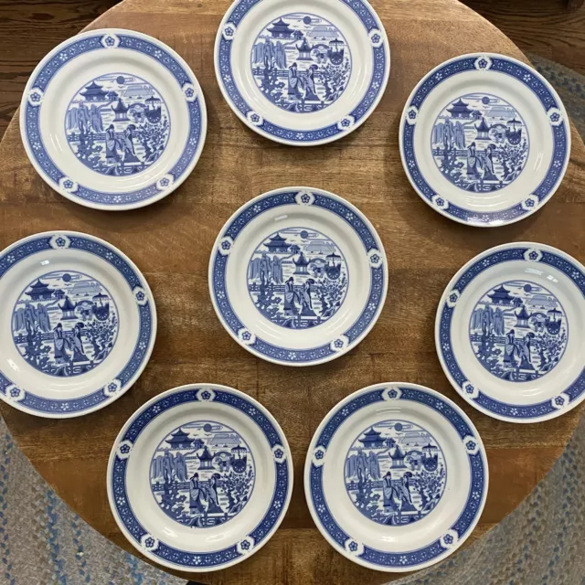 set of Eight vintage blue and white canton chinoiserie pagoda plates 8”