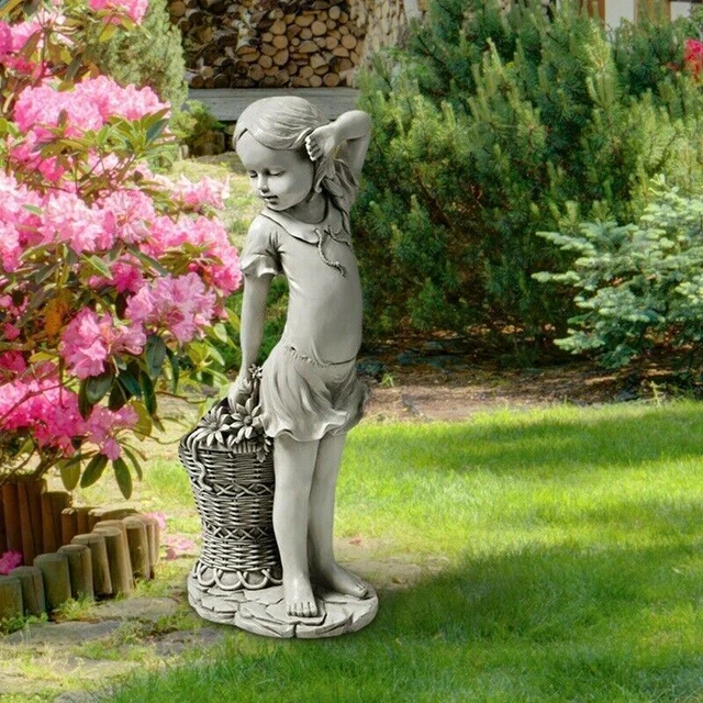 Blumenmädchen Gartenstatue Skulptur Figur Korb Outdoor Garten Dekor O9K9