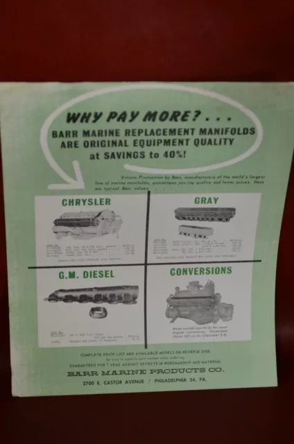 Vtg Barr Marine Boat Exhaust Manifolds Brochure Catalog Specifications Engine
