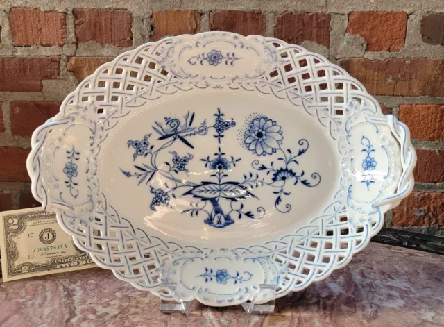 MEISSEN German Porcelain Blue Onion Reticulated Oval Serving Bowl/Basket-EX!