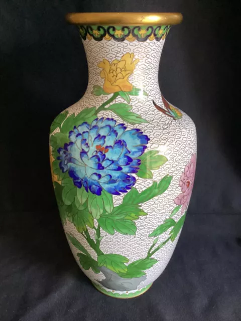 Large 12” Tall Vintage / Antique Chinese Cloisonne Vase Flowers & Butterfly