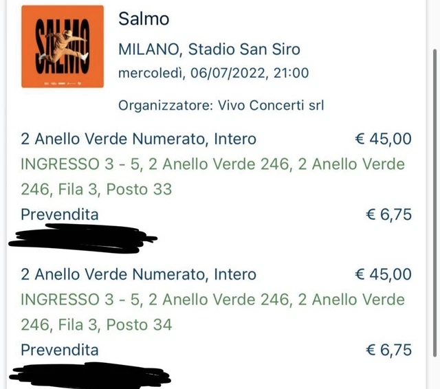 2 Biglietti concerto Salmo allo stadio San Siro, vendo anche singolarmente