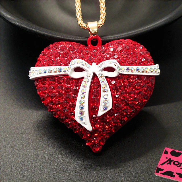 Betsey Johnson Rhinestone Enamel Red Bow Love Heart Pendant Chain Necklace