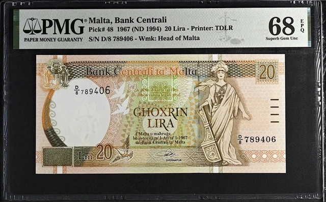 1967 Malta 20 Lira P-48 PMG 68 EPQ Superb Gem UNC