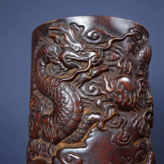 6.3" Collect China Old Bamboo Relief Carving Dragon Brush Pot 3