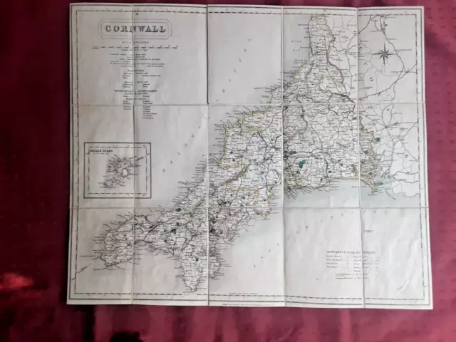 Cornwall England 1844 By Walker Original Folding Map  With Scilly Isles In Color