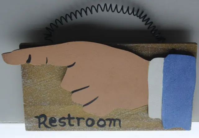Bathroom Handmade Wooden Restroom Sign Pointing Finger Funny Comical