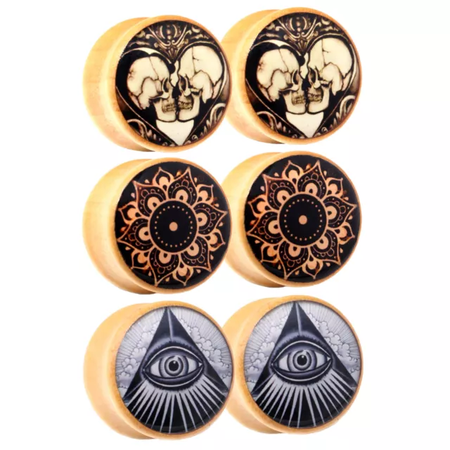 6 Pieces All See Eye Mandala Skull Organic Wood Saddle Ear Plug Gauges Expander