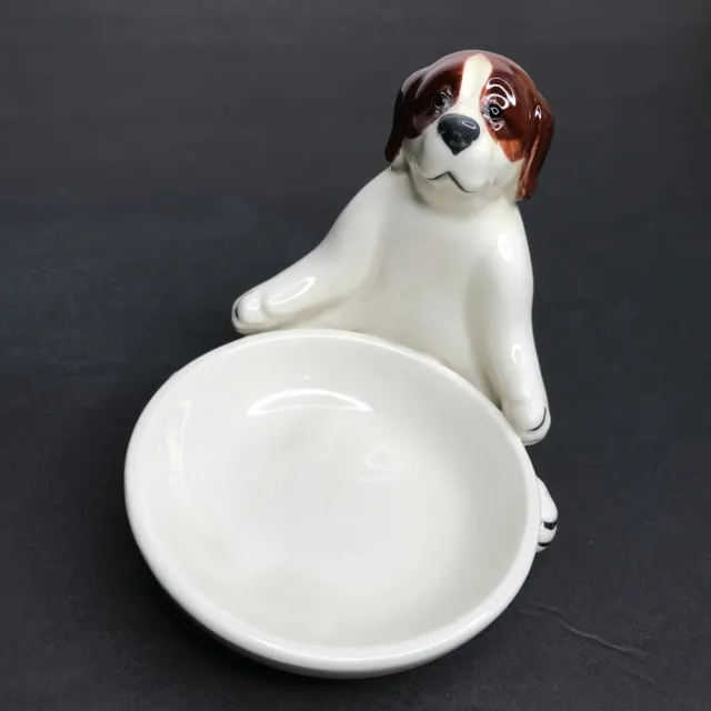 Quon Quon Ceramic  Saint Bernard Puppy Figurine Holding A Bowl 1980 Japan