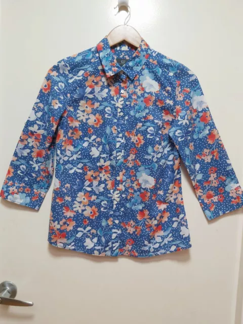 SPORTSCRAFT Size 8 Ladies 'Blue Floral' 3/4 Sleeved Collared Blouse VGC