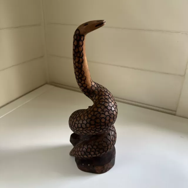 Vintage Snake Figurine Sculpture  Hand Carved Wooden Cobra 24 cm Tall