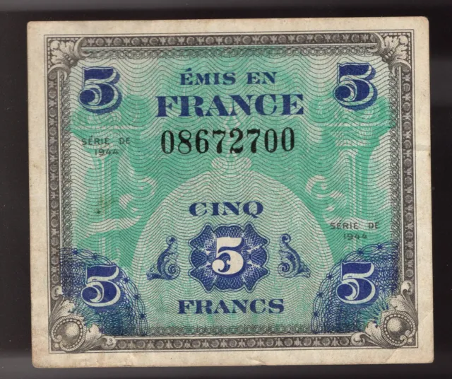 1944 France WWII Allied Military Currency, 5 Francs.  Pic# 115.