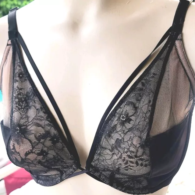 Victorias Secret bra vintage 🍑 36D Black Satin unlined Lace Plunge Overstrap