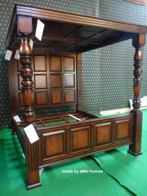 UK King 5' Jacobean Tudor style mahogany Four Poster wooden canopy bed