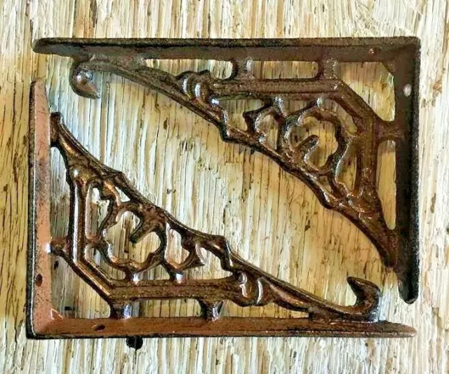 SET OF 2 CAST IRON GINGERBREAD BRACE SHELF BRACKETS antique brown patina finish
