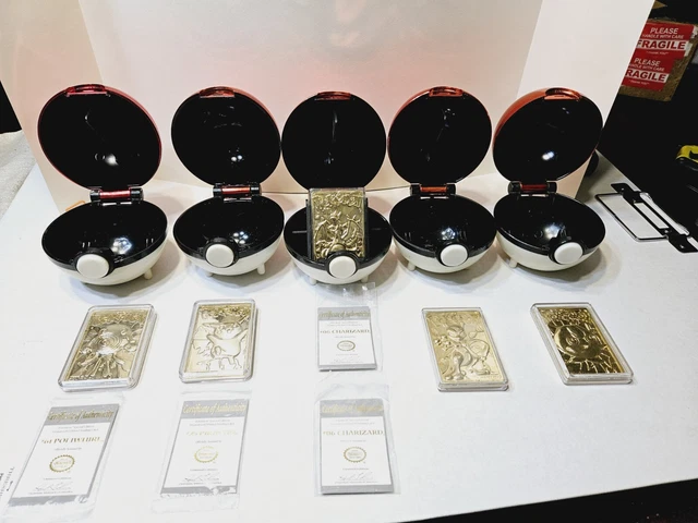 Vintage Pokemon, 1999. 23k Gold Plated Trading Cards. X5.