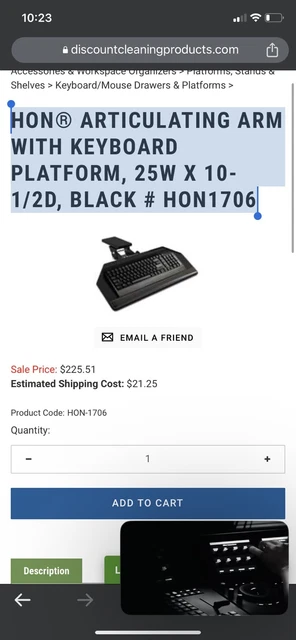 Hon® Articulating Arm With Keyboard Platform, 25W X 10-1/2D, Black # Hon1706 2