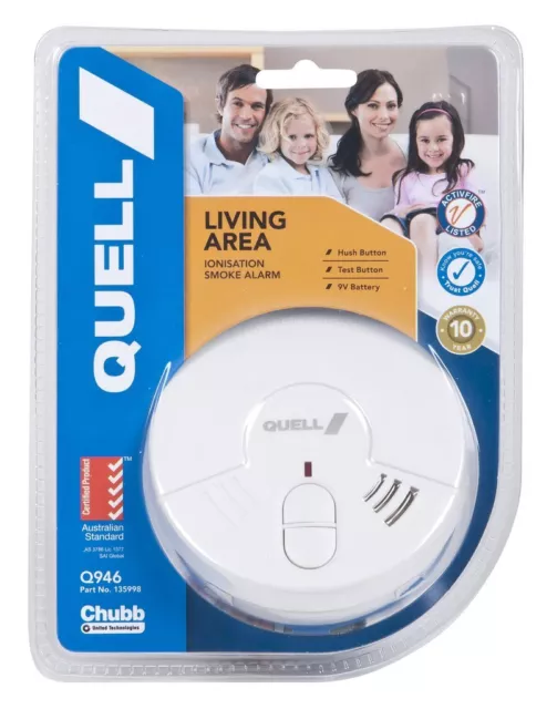 Smoke Alarm Fire Detector Chubb/Quell® Ionisation Aus Certified + 9v Battery