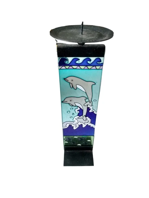 Stained Glass Dolphins And Fish Candlestick Holder GLASS AND STEEL 3x11 inch VTG