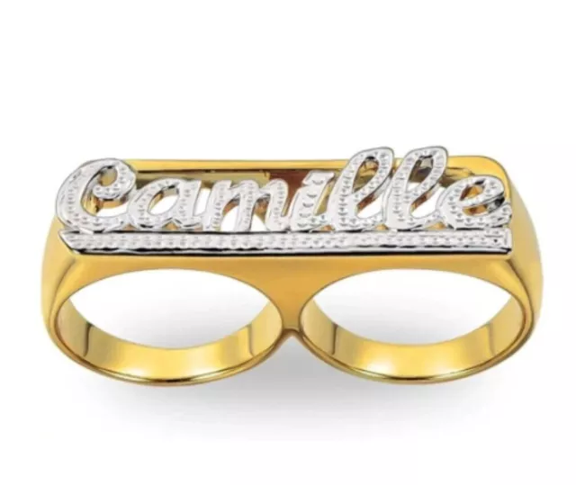 2Ct Round Simulated Diamond Custom Two-Finger Name Ring 14k Yellow Gold Plated