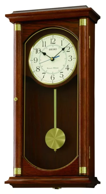 Seiko Dark Wood Oak Finish Westminster Chime Battery Pendulum Wall Clock QXH039B