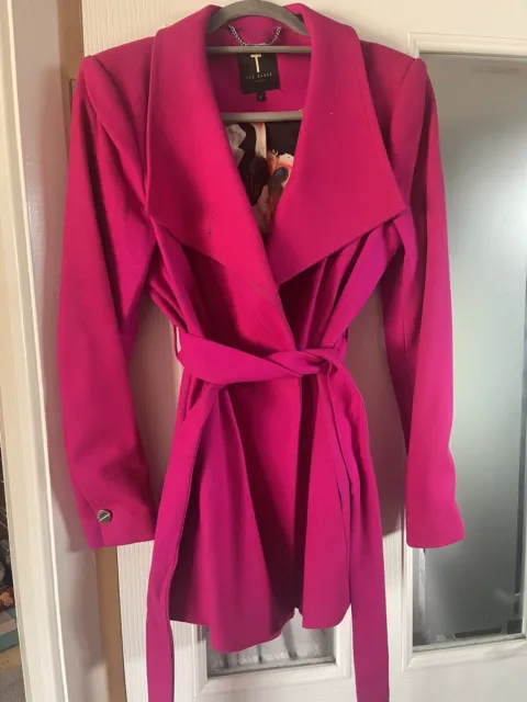 Ted Baker  Short Pink Fushia  Wool Cashmere Blend Wrap Coat Size 3