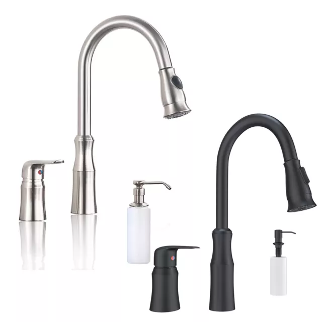 Kitchen Sink Faucet 3 Hole High Arc Pull Down Sprayer with Soap Dispenser