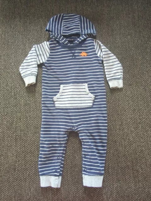Carters baby boy long sleeve romper with hood 18 months blue and gray stripes