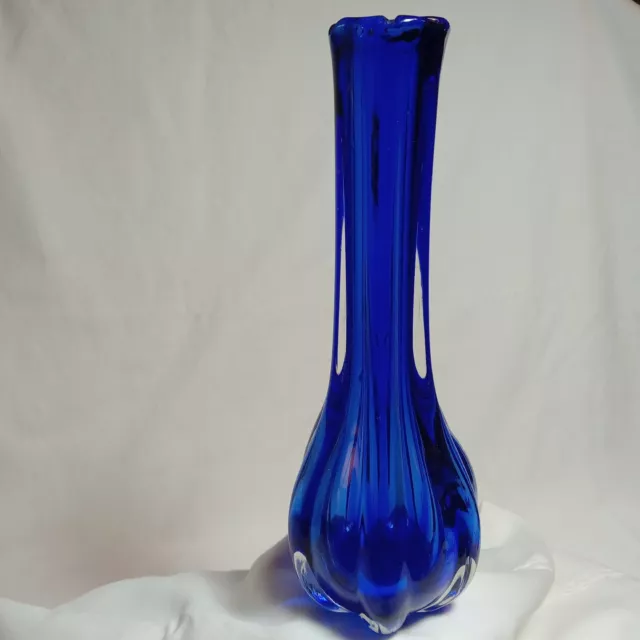 Vintage Handblown cobalt thick incased Art glass bud vase ribbed tulip rim 8"T