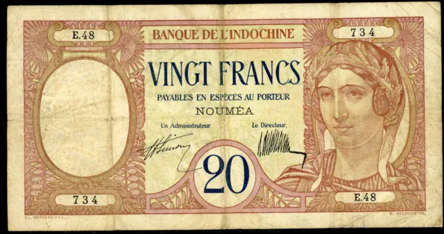1929 Banque De Lindochine French New Caledonia Noumea 20 Vingt Francs P 37a