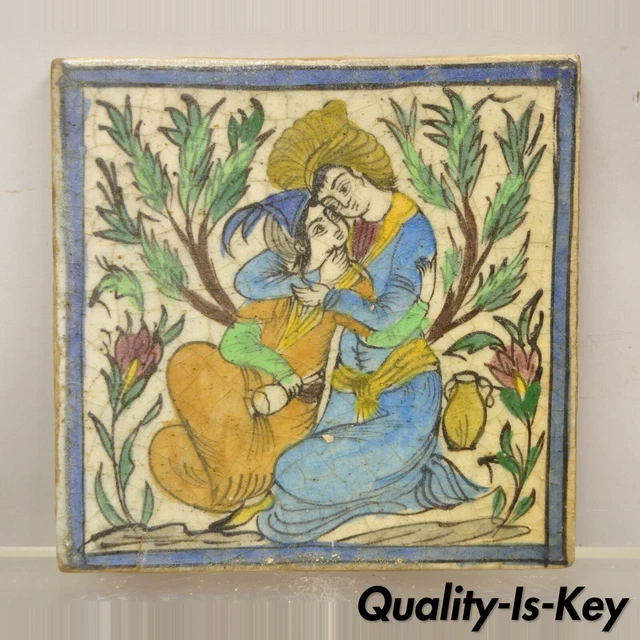 Antique Persian Iznik Qajar Style Ceramic Pottery Square Tile Couple Embrace C4