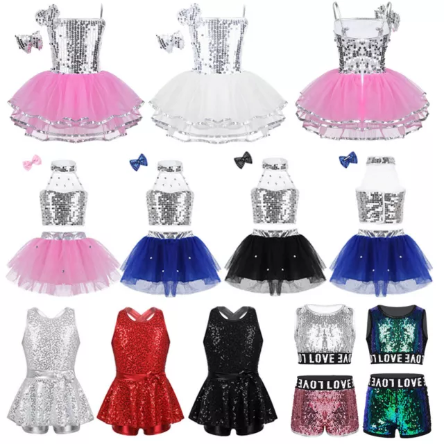 Girls Modern Tap Jazz Dance Dress Sequins Ballet Hip Hop Street Dance Wear Sets