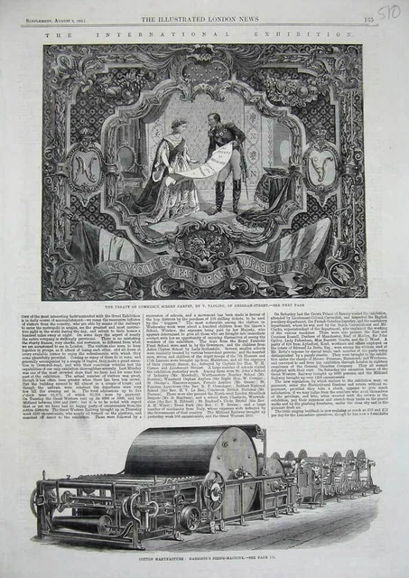 Original Old Antique Print Cotton Harrison Sizing Machine 1862 Treaty Commerce