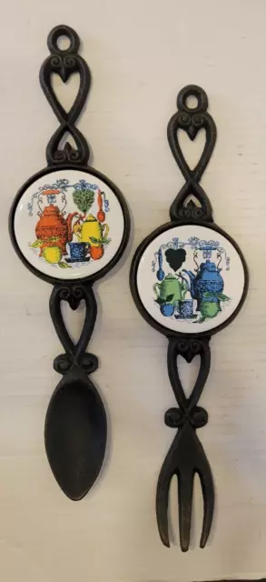 Vintage Apco Japan Cast Iron Ceramic Fork & Spoon Home Decor Set MCM Mid Century